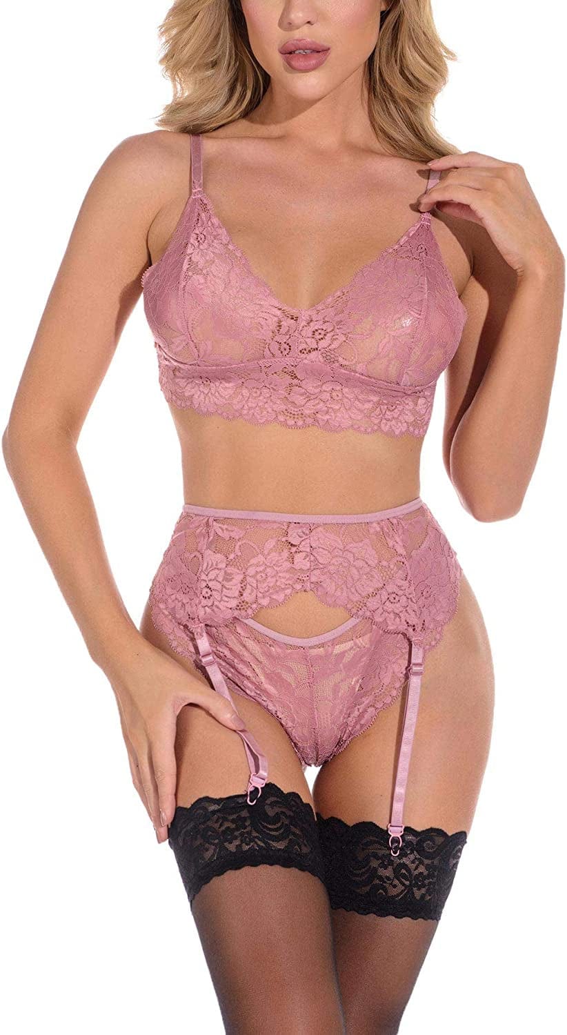 Zhenaly Women Lingerie Set Lace Teddy Strap Babydoll Bodysuit with Garter Belts(Stockings Are Not Included) Light Pink / Small