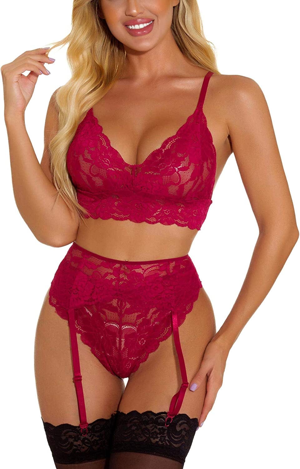 Zhenaly Women Lingerie Set Lace Teddy Strap Babydoll Bodysuit with Garter Belts(Stockings Are Not Included) Wine Red / XX-Large