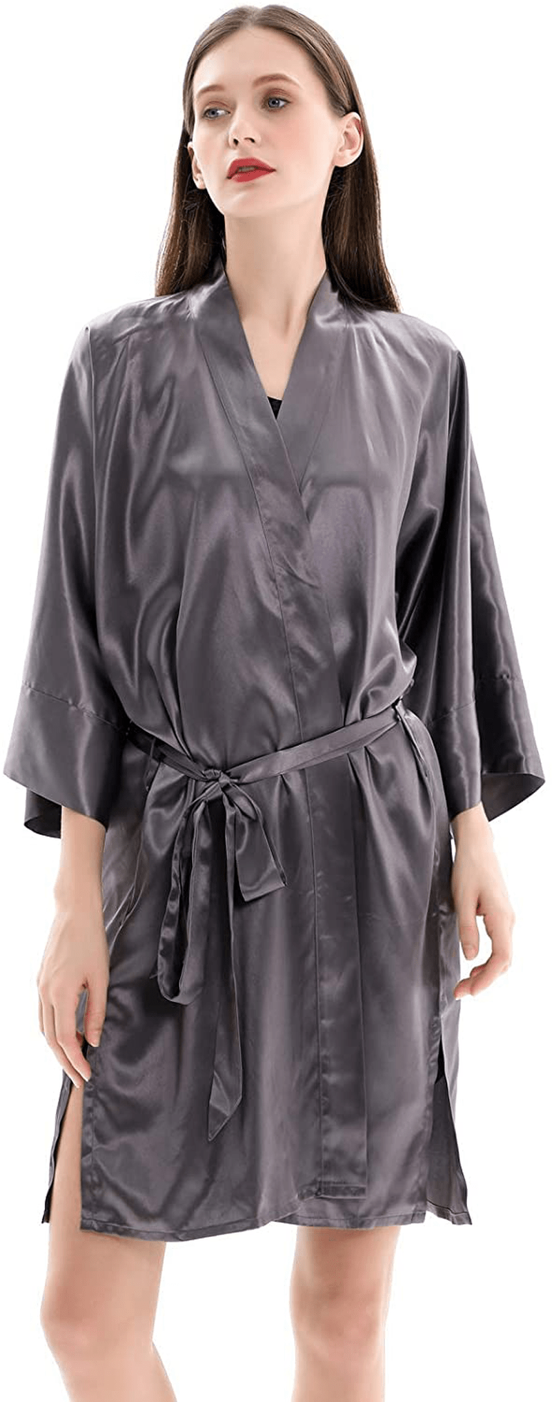 ZIMASILK 22 Momme 100% Pure Mulberry Silk Robe for Women, Pure Color Long Kimono Bathrobes Soft Nightgown Apparel & Accessories > Clothing > Sleepwear & Loungewear > Robes ZIMASILK Black Grey