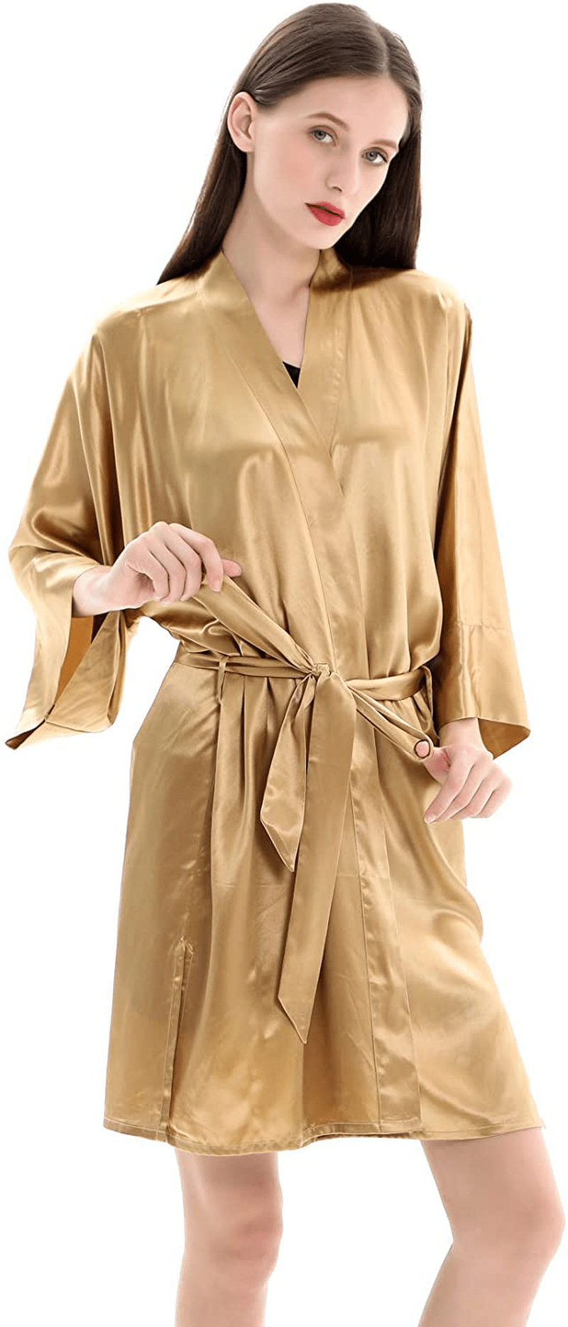 ZIMASILK 22 Momme 100% Pure Mulberry Silk Robe for Women, Pure Color Long Kimono Bathrobes Soft Nightgown Apparel & Accessories > Clothing > Sleepwear & Loungewear > Robes ZIMASILK Golden