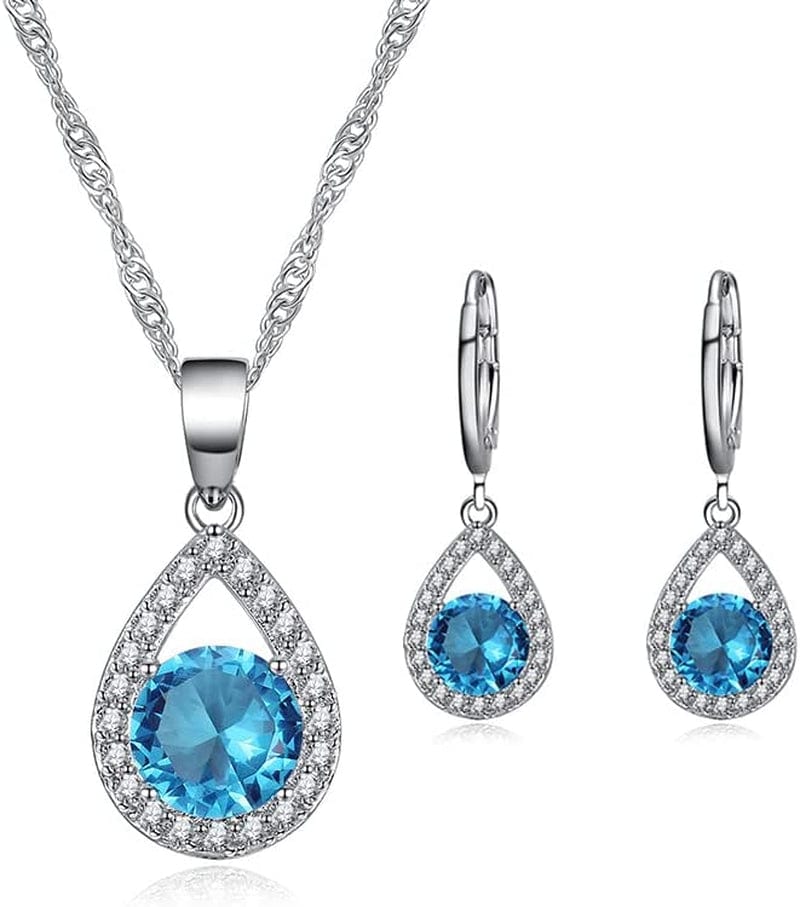 Zirconia Dangle Earrings Necklace Jewelry Set for Bridesmaid Bride Wedding Prom Gift Sapphire