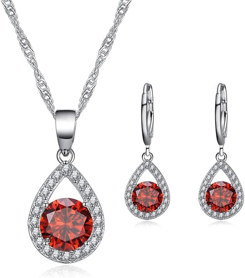 Zirconia Dangle Earrings Necklace Jewelry Set for Bridesmaid Bride Wedding Prom Gift Red