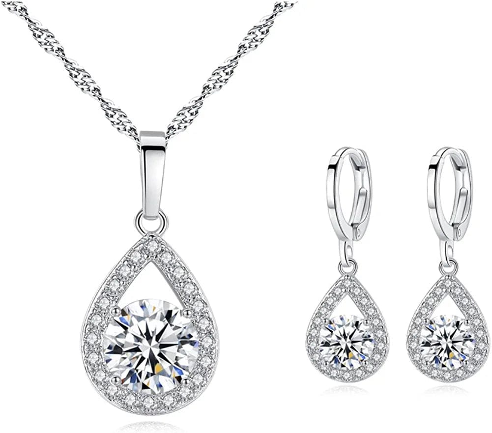 Zirconia Dangle Earrings Necklace Jewelry Set for Bridesmaid Bride Wedding Prom Gift White