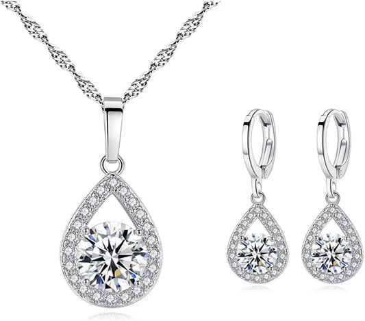 Zirconia Dangle Earrings Necklace Jewelry Set for Bridesmaid Bride Wedding Prom Gift White