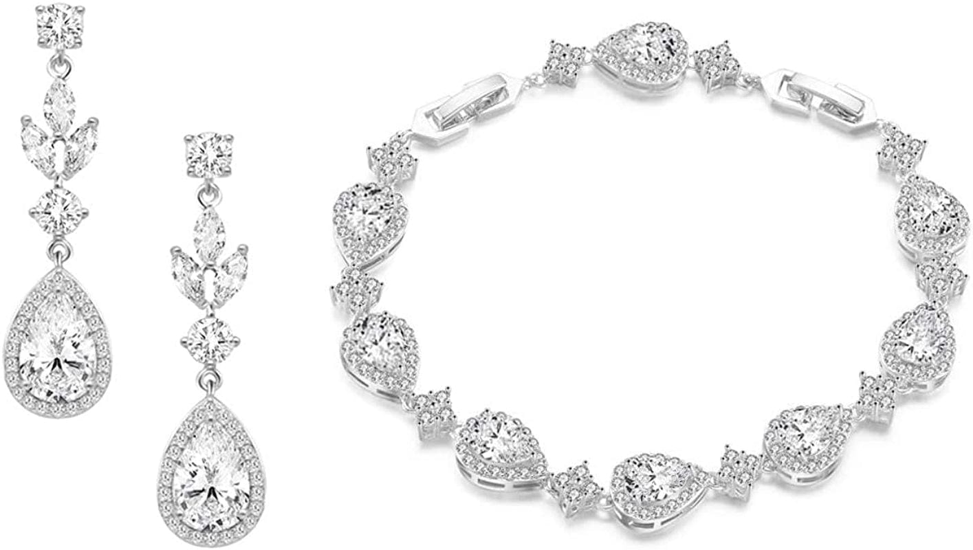 Zirconia Teardrop Earrings Bracelet Jewelry Sets Brides Bridesmaids Wedding Prom Party White Gold