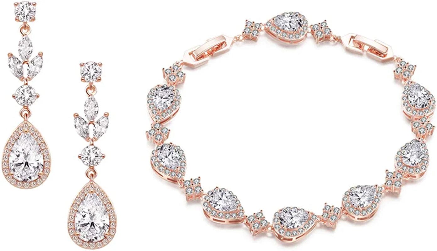 Zirconia Teardrop Earrings Bracelet Jewelry Sets Brides Bridesmaids Wedding Prom Party Rose Gold