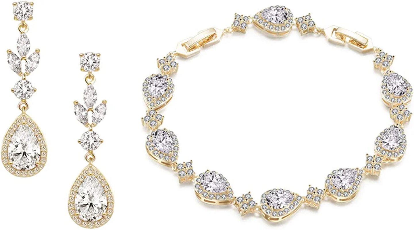 Zirconia Teardrop Earrings Bracelet Jewelry Sets Brides Bridesmaids Wedding Prom Party Gold