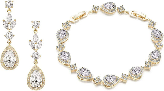 Zirconia Teardrop Earrings Bracelet Jewelry Sets Brides Bridesmaids Wedding Prom Party Gold