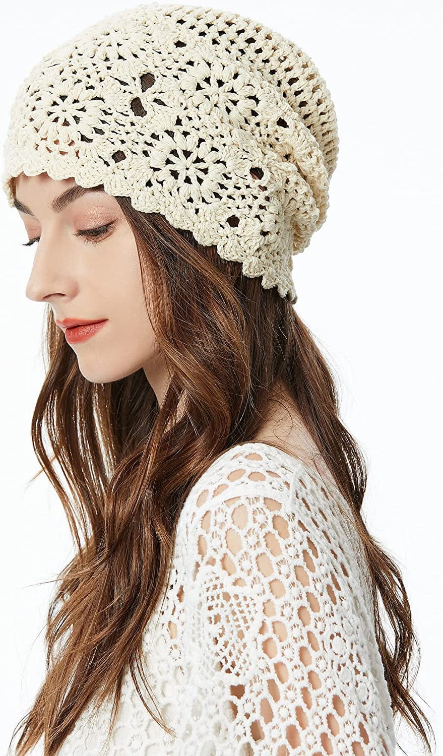 ZLYC Women Cotton Crochet Slouchy Beanie Hat Handmade Knit Cutout Summer Floral Skull Cap Apparel & Accessories > Clothing Accessories > Headwear ZLYC
