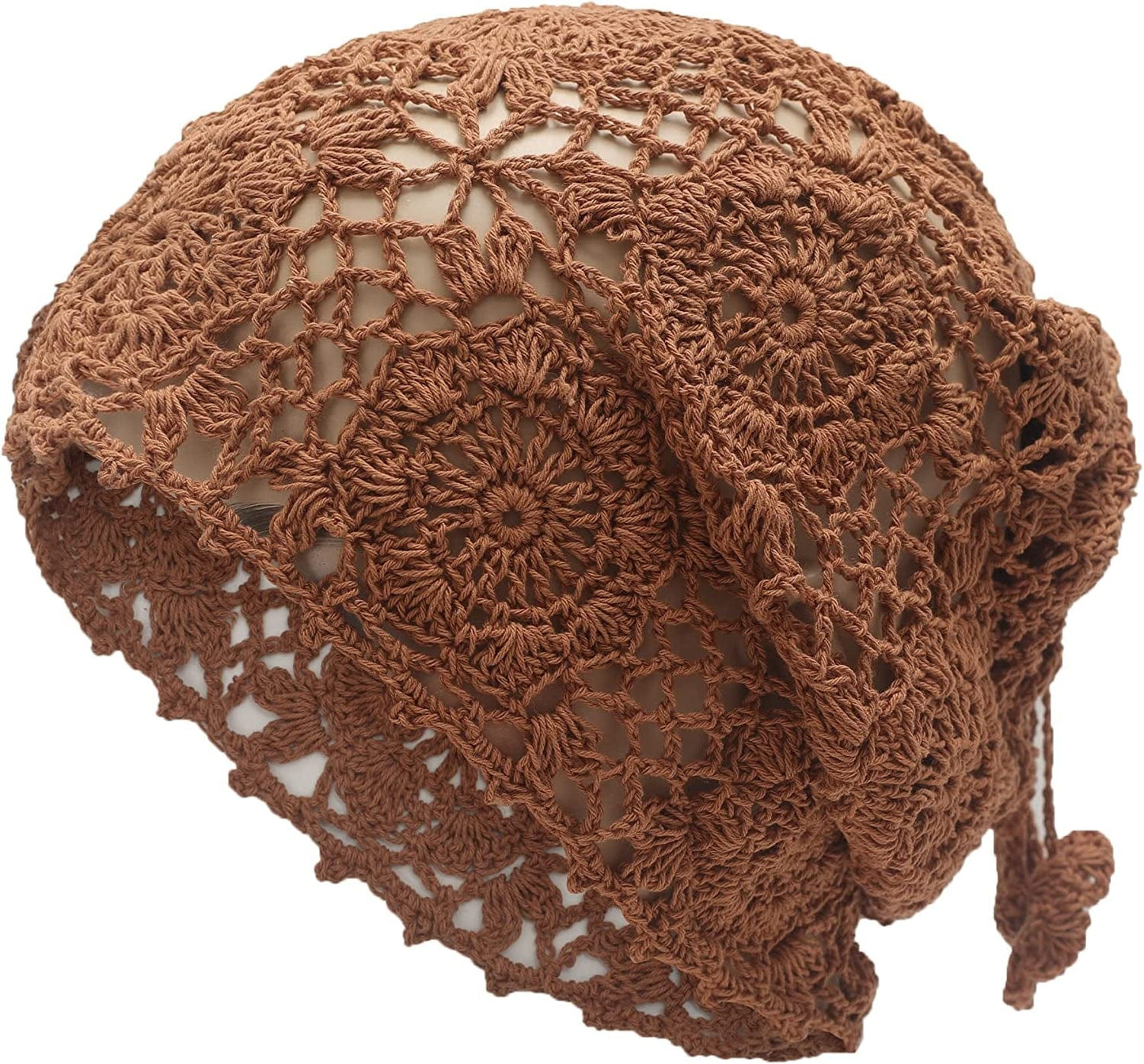 ZLYC Women Cotton Crochet Slouchy Beanie Hat Handmade Knit Cutout Summer Floral Skull Cap Apparel & Accessories > Clothing Accessories > Headwear ZLYC Ponytail Shiny Brown