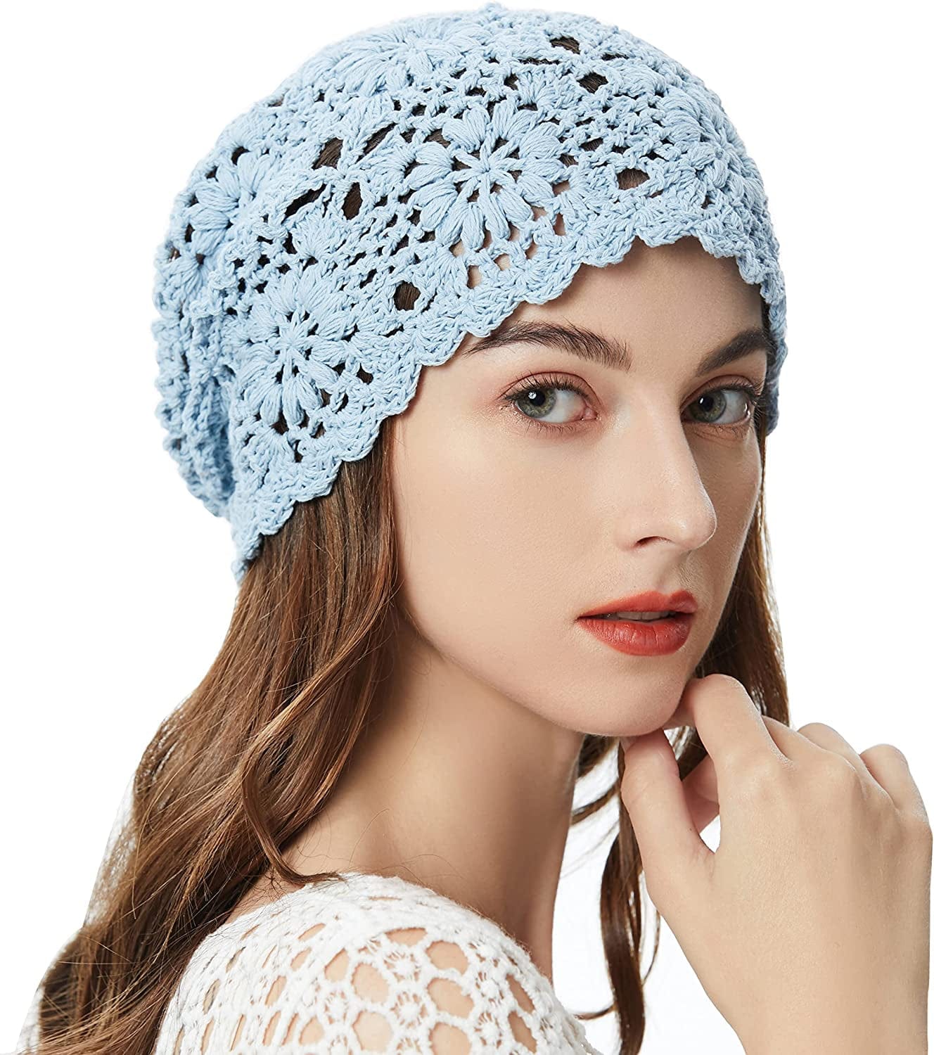 ZLYC Women Cotton Crochet Slouchy Beanie Hat Handmade Knit Cutout Summer Floral Skull Cap Apparel & Accessories > Clothing Accessories > Headwear ZLYC Solid Blue