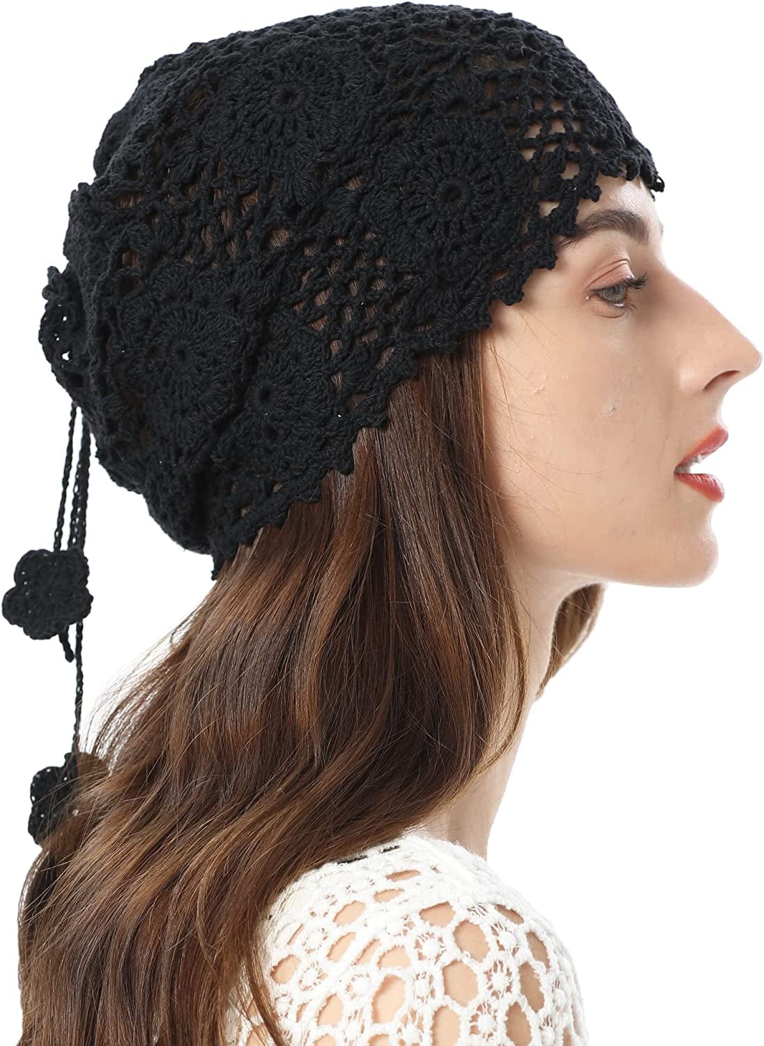 ZLYC Women Cotton Crochet Slouchy Beanie Hat Handmade Knit Cutout Summer Floral Skull Cap Apparel & Accessories > Clothing Accessories > Headwear ZLYC Ponytail Black