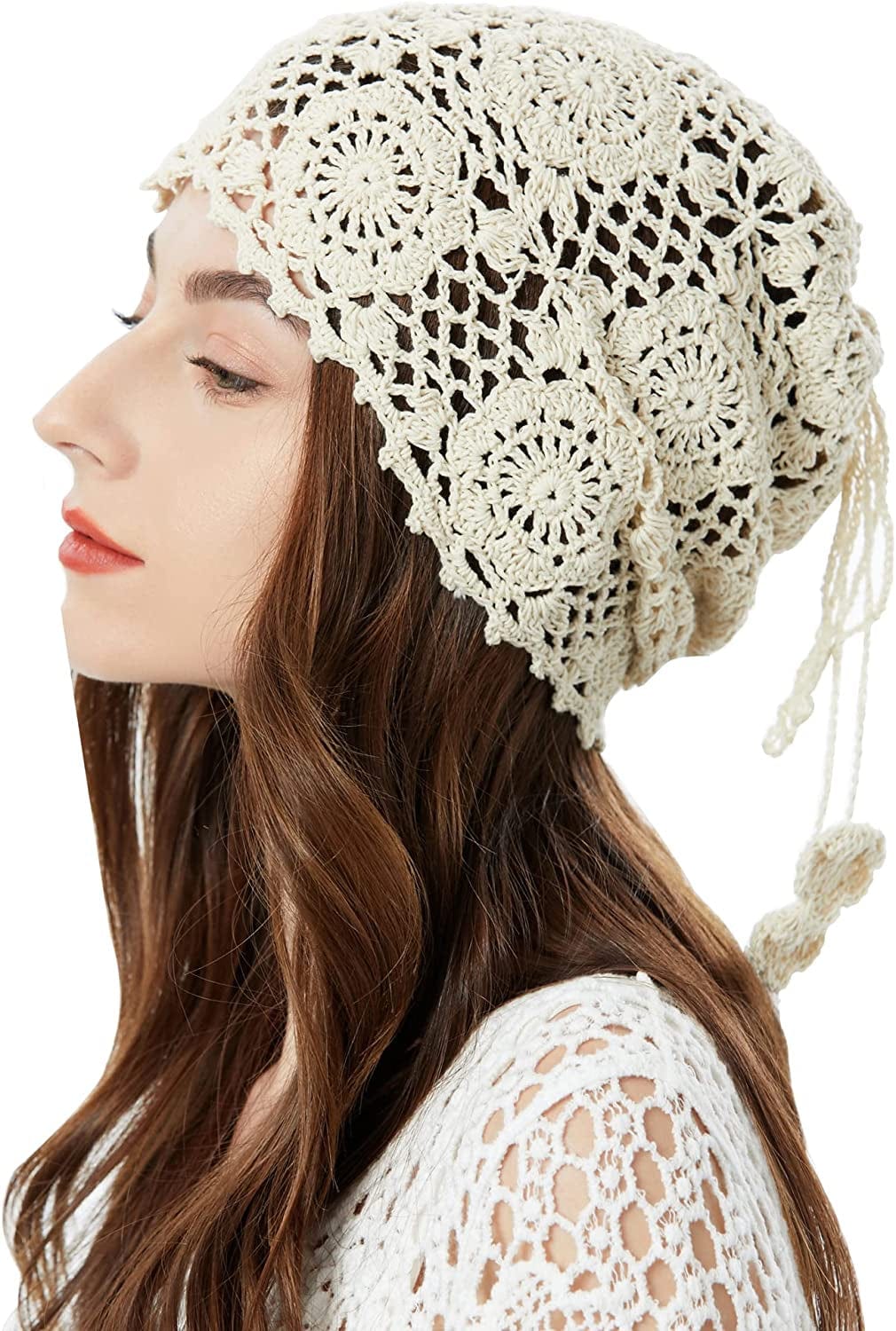 ZLYC Women Cotton Crochet Slouchy Beanie Hat Handmade Knit Cutout Summer Floral Skull Cap Apparel & Accessories > Clothing Accessories > Headwear ZLYC Ponytail Beige