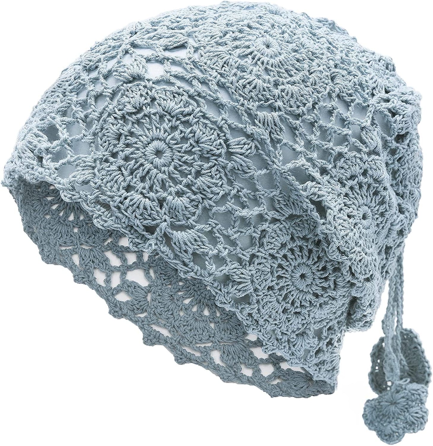 ZLYC Women Cotton Crochet Slouchy Beanie Hat Handmade Knit Cutout Summer Floral Skull Cap Apparel & Accessories > Clothing Accessories > Headwear ZLYC Ponytail Blue