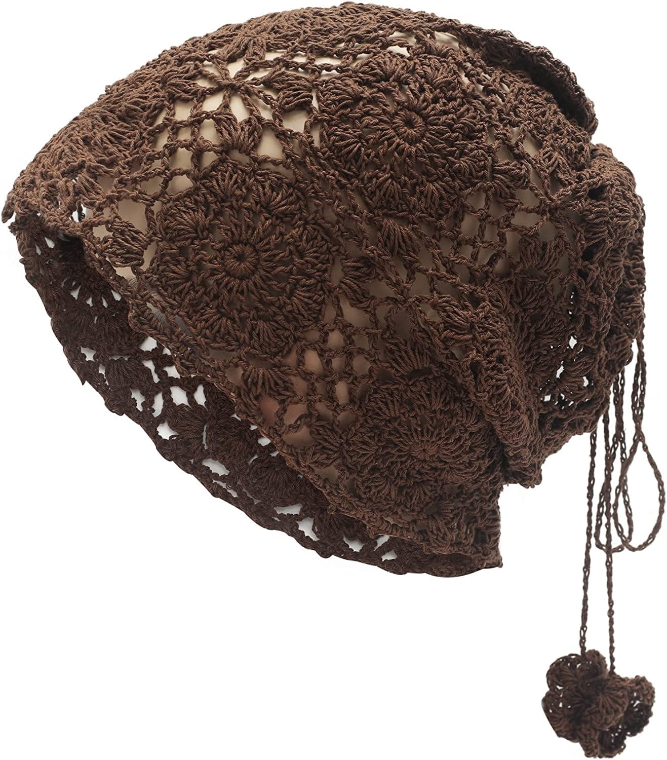 ZLYC Women Cotton Crochet Slouchy Beanie Hat Handmade Knit Cutout Summer Floral Skull Cap Apparel & Accessories > Clothing Accessories > Headwear ZLYC Ponytail Brown