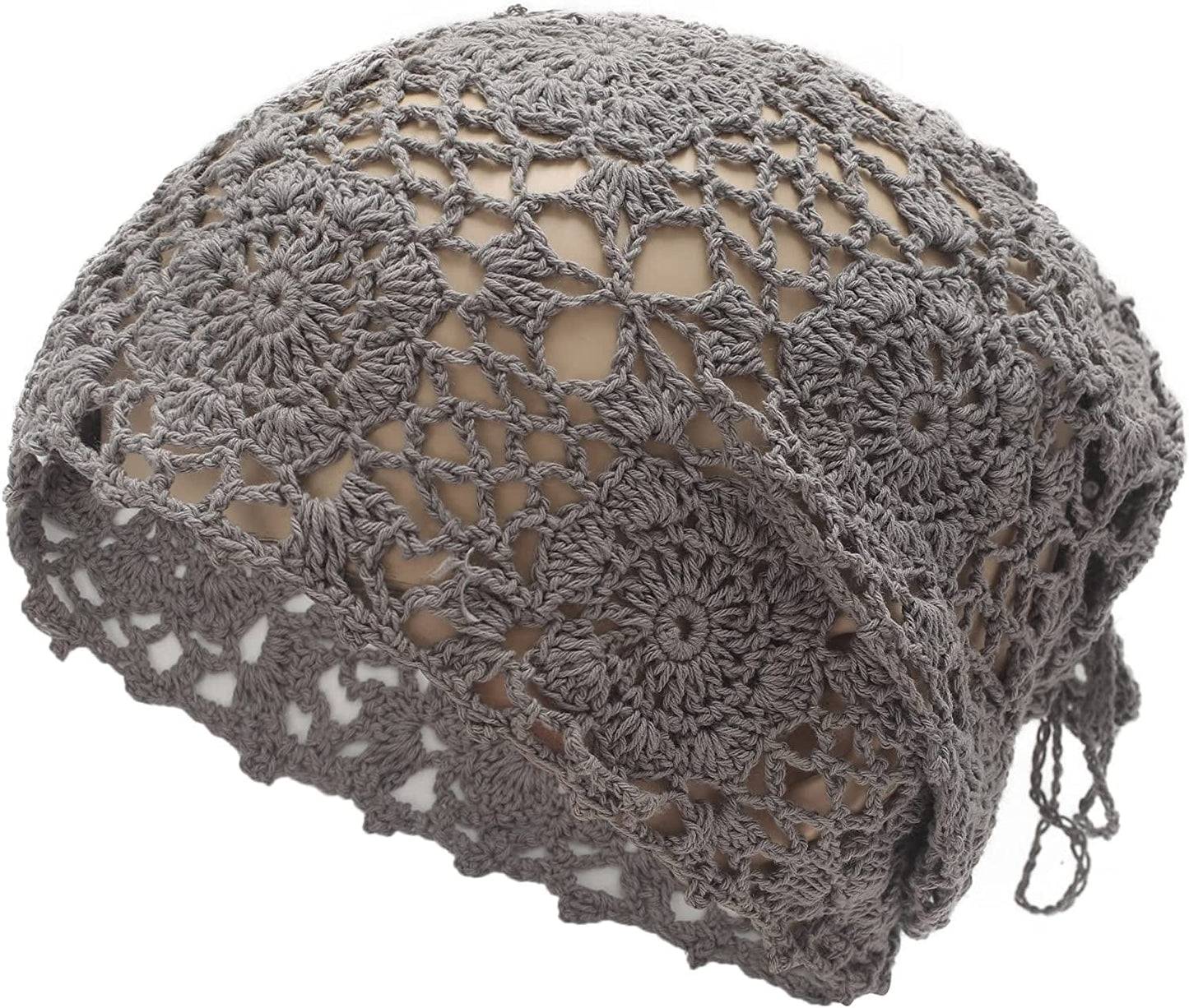 ZLYC Women Cotton Crochet Slouchy Beanie Hat Handmade Knit Cutout Summer Floral Skull Cap Apparel & Accessories > Clothing Accessories > Headwear ZLYC Ponytail Gray