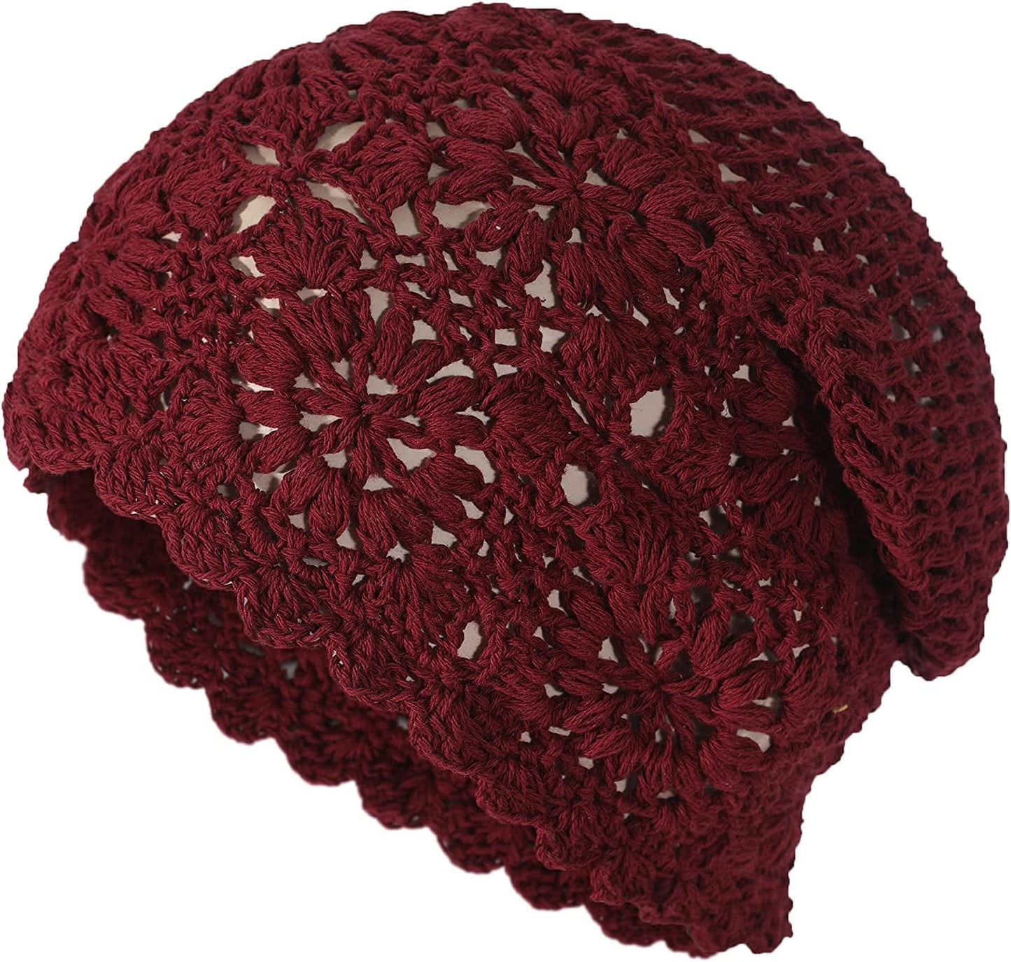 ZLYC Women Cotton Crochet Slouchy Beanie Hat Handmade Knit Cutout Summer Floral Skull Cap Apparel & Accessories > Clothing Accessories > Headwear ZLYC Solid Burgundy