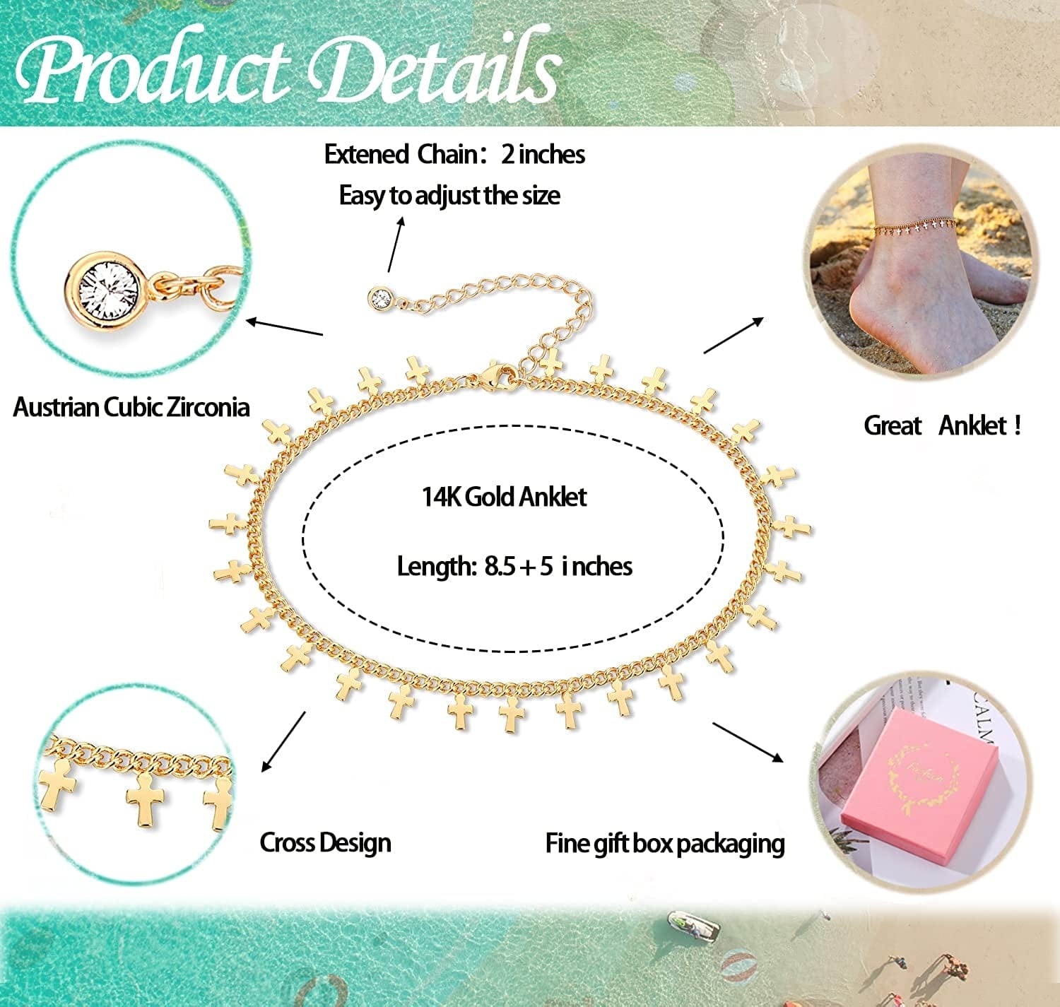 ZNBOH Gold Ankle Bracelets for Women 14K Gold Plated Anklet Bracelets Evil Eye Anklet Daisy Anklet Cross Ankle Bracelets Summer Foot Jewelry Apparel & Accessories > Jewelry > Anklets ZNBOH