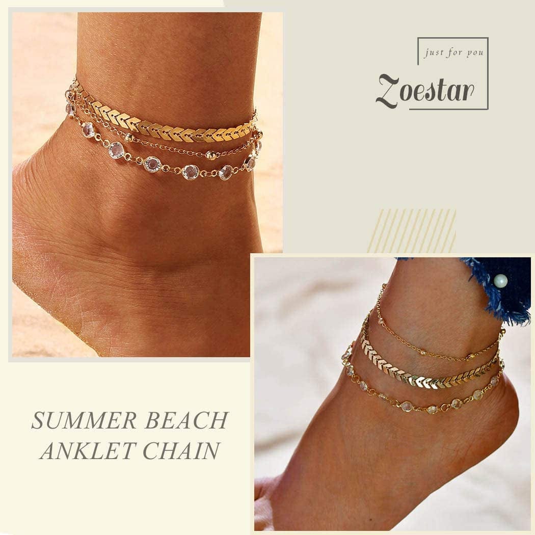 Zoestar Three-Layer Anklet Ankle Bracelet Foot Chain with Leaves Accessories Foot Jewelry for Women and Girls Apparel & Accessories > Jewelry > Anklets JL