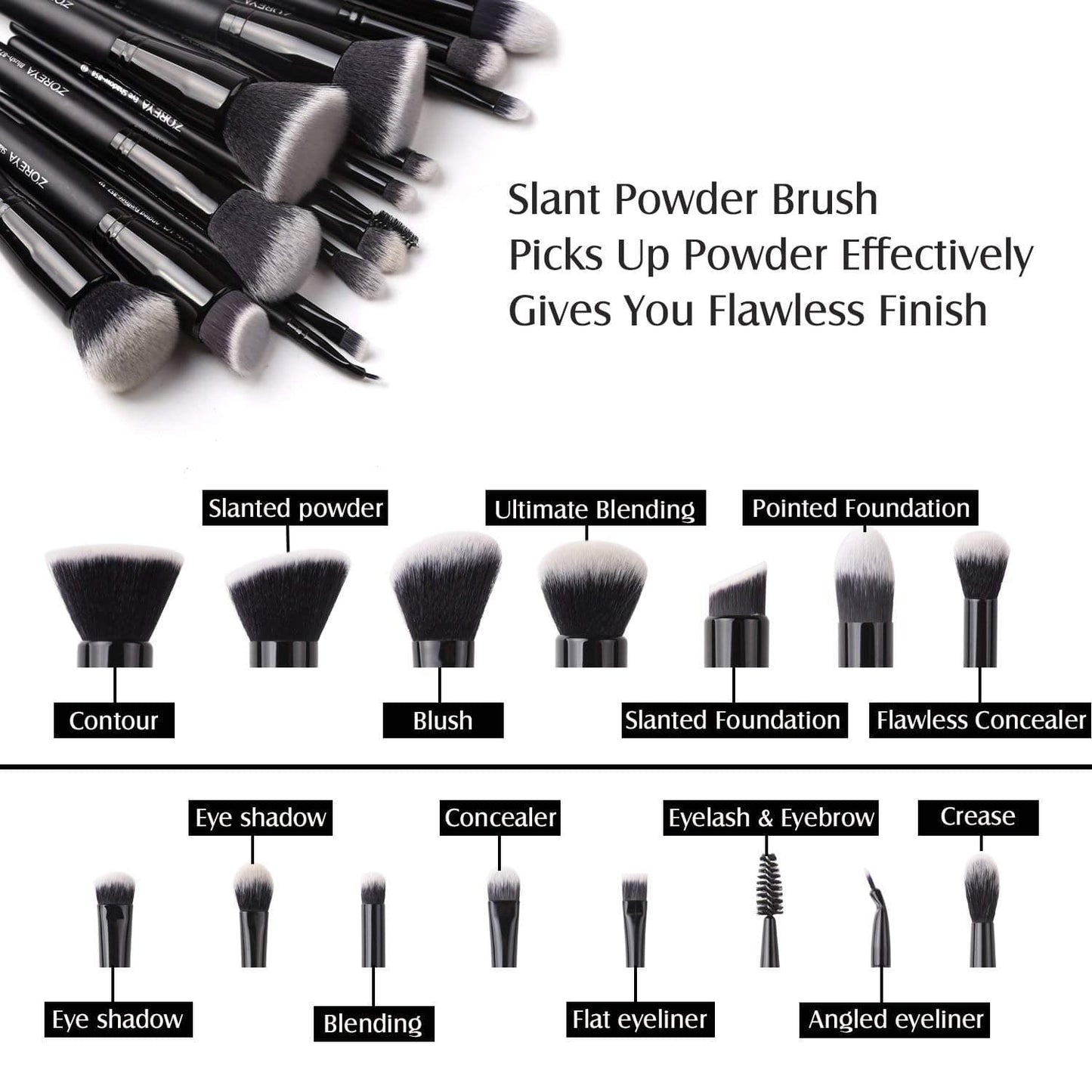 Zoreya Makeup Brush Set 20Pcs Premium Synthetic Kabuki Makeup Brush Foundation Concealer Blush Face Eye Shadow Black Makeup Brush Set Health & Beauty > Personal Care > Cosmetics > Cosmetic Tools > Makeup Tools ZOREYA