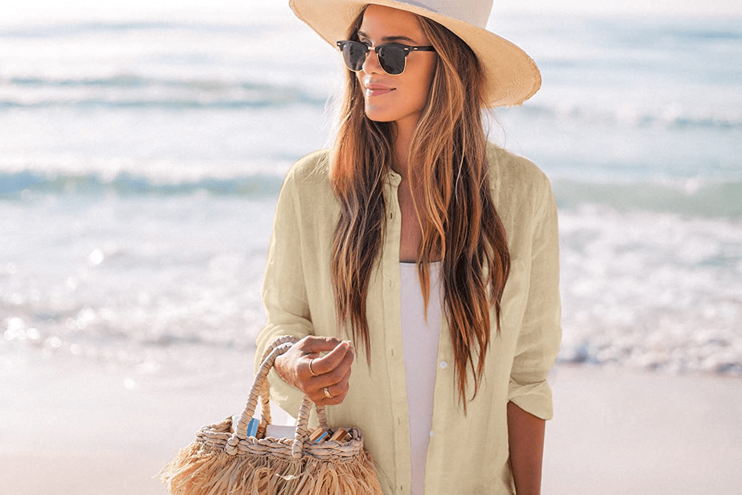 Zoye Chen Women’S Bikini Swimsuit Cover up Button down V Neck Shirts Long Sleeve Blouse Beachwear Bathing Suit Apparel & Accessories > Clothing > Swimwear Kylie Max