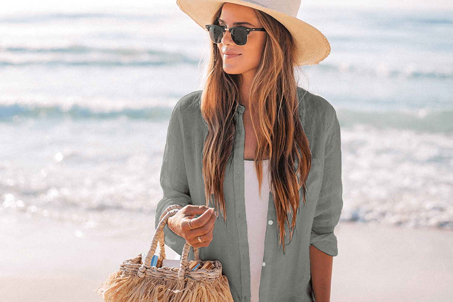 Zoye Chen Women’S Bikini Swimsuit Cover up Button down V Neck Shirts Long Sleeve Blouse Beachwear Bathing Suit Apparel & Accessories > Clothing > Swimwear Kylie Max