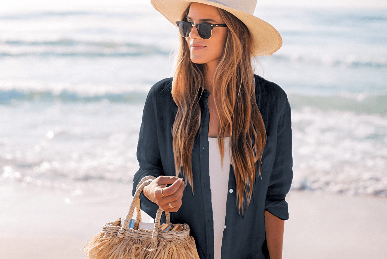 Zoye Chen Women’S Bikini Swimsuit Cover up Button down V Neck Shirts Long Sleeve Blouse Beachwear Bathing Suit Apparel & Accessories > Clothing > Swimwear Kylie Max