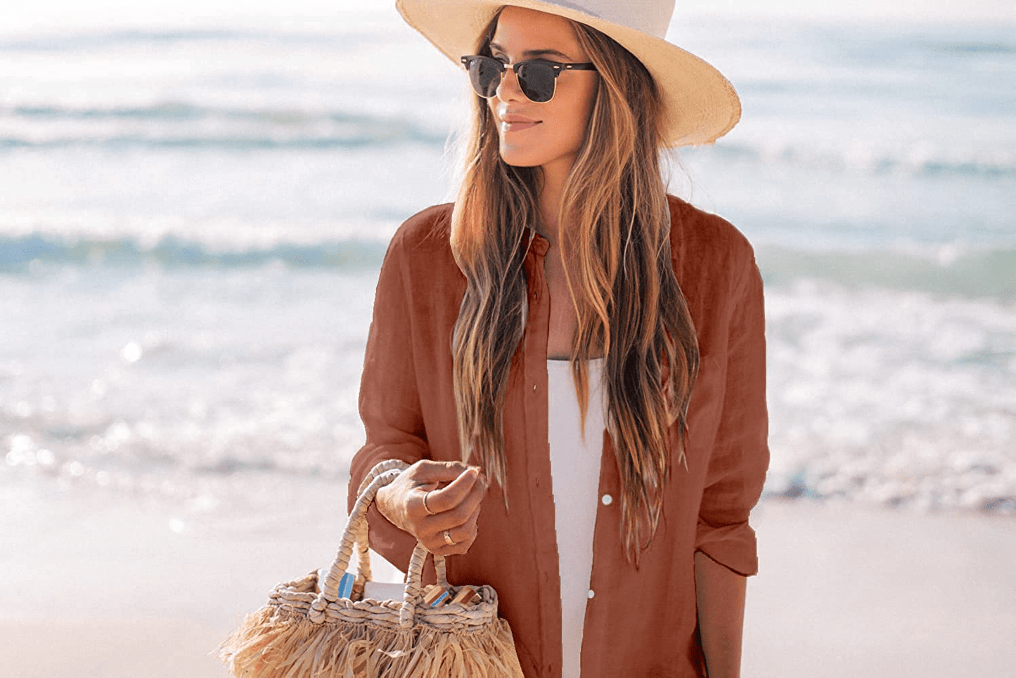 Zoye Chen Women’S Bikini Swimsuit Cover up Button down V Neck Shirts Long Sleeve Blouse Beachwear Bathing Suit Apparel & Accessories > Clothing > Swimwear Kylie Max