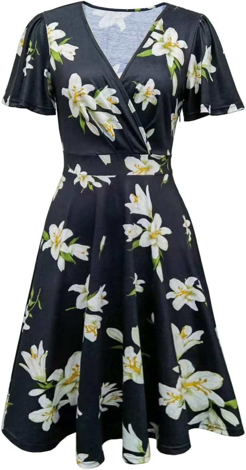 Zshujun 1920S Elegant Women'S Deep V-Neck Short Sleeve Casual Party Dresses Puffy Swing Vintage Dress for Women A8343 Black 1 / Large