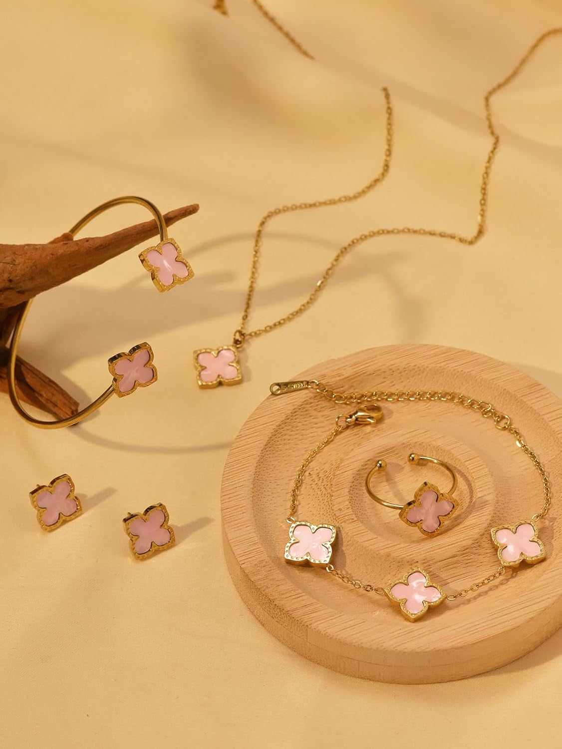 6Pcs/Set Lucky Clover Earring Necklace Bracelet Ring Set for Women Gold Plated Four-Leaf Pendent Link Chain Necklace Fashion Jewelry Set Valentine'S Day Gift