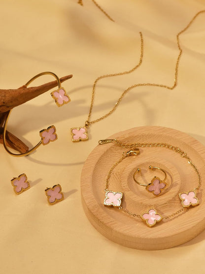 6Pcs/Set Lucky Clover Earring Necklace Bracelet Ring Set for Women Gold Plated Four-Leaf Pendent Link Chain Necklace Fashion Jewelry Set Valentine'S Day Gift