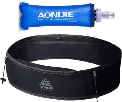 Woman wearing black AONIJIE hydration belt fanny pack during trail run