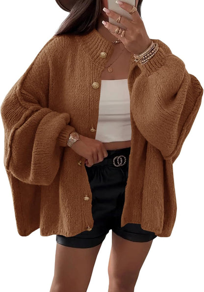 Saodimallsu Womens Oversized Cardigans Long Lantern Sleeve Button down Chunky Knit Loose Fall Sweater Coats