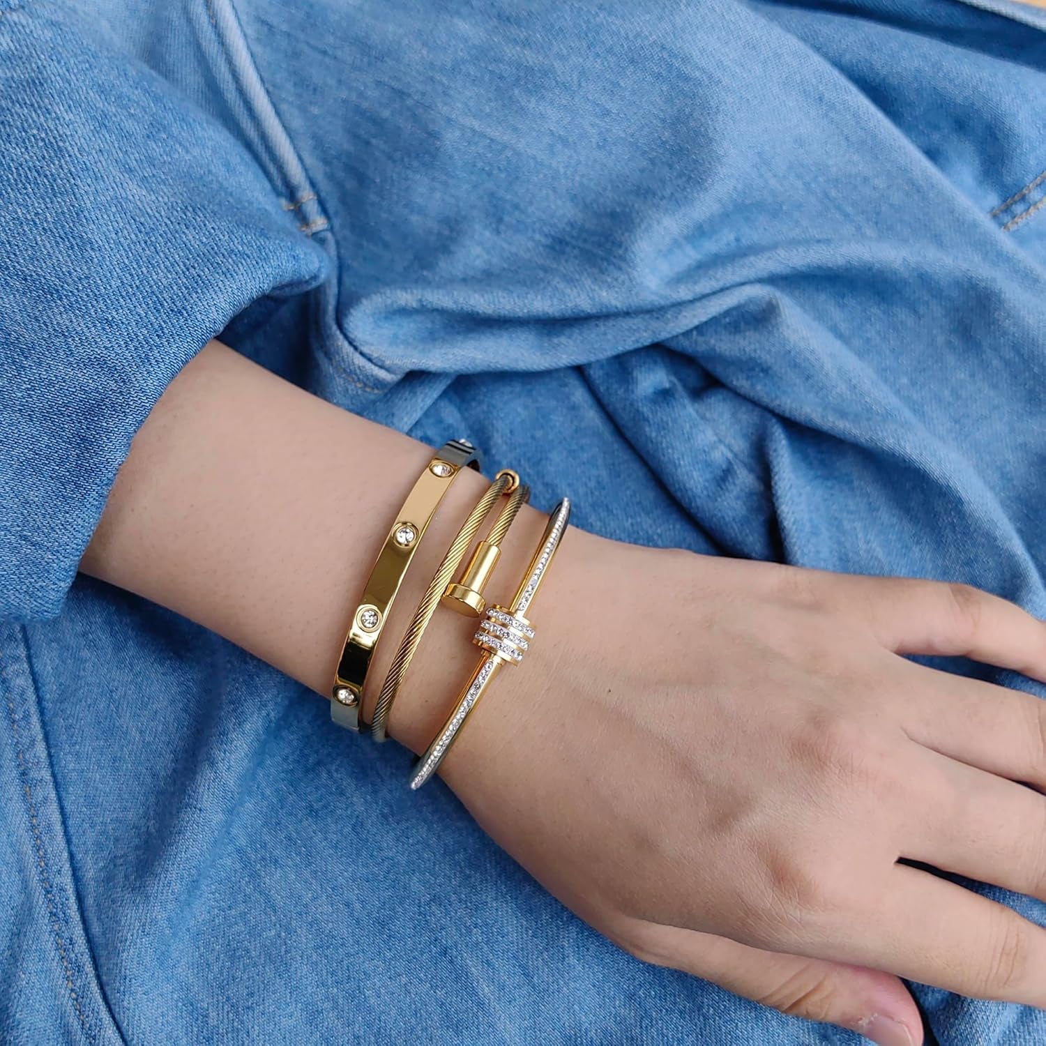 Women'S Stainless Steel Bracelet Gold Plated Cuff Bangle with Cube Zircon Hinge Jewelry Oval Bangle Witness the Gift of Love