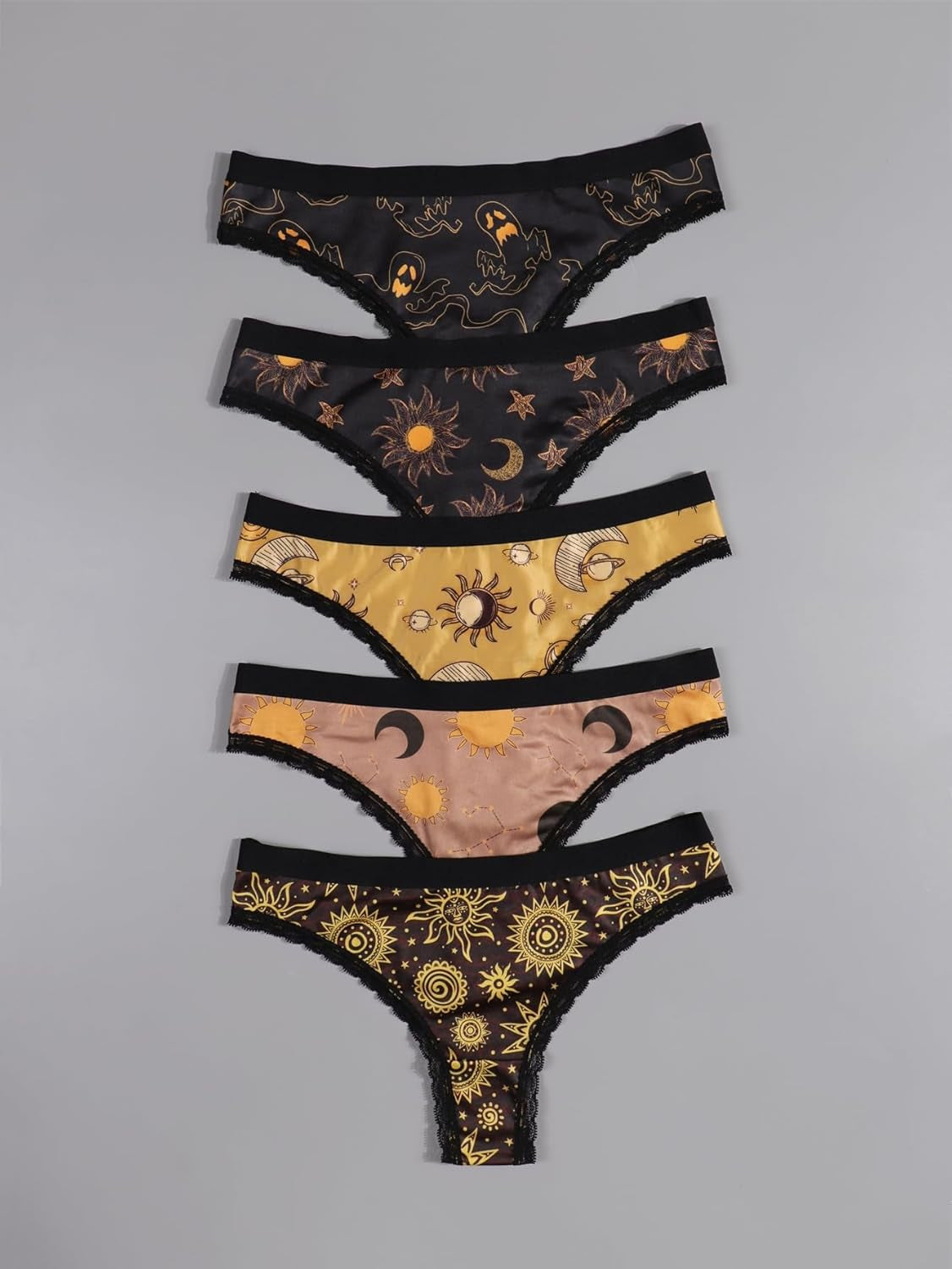 Women celestial print thong panties set 5 pack sun moon stars design black gold lace trim