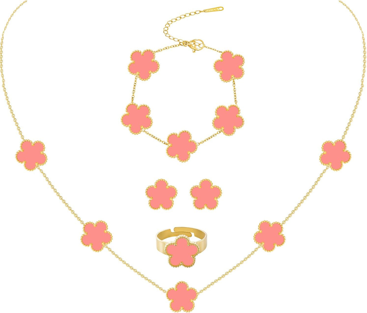 Gold Plated Stainless Steel Four Leaf Clover Bracelet Necklace Earrings and Ring Jewelry Set for Women