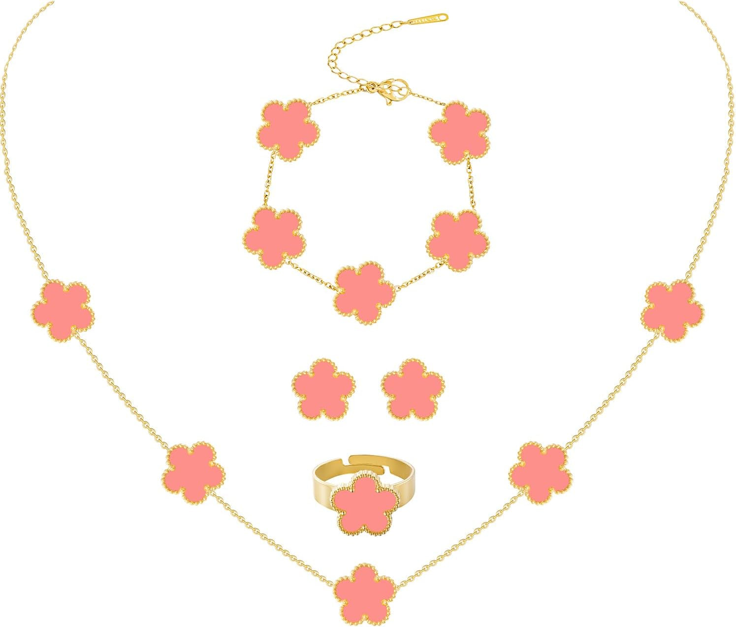 Gold Plated Stainless Steel Four Leaf Clover Bracelet Necklace Earrings and Ring Jewelry Set for Women