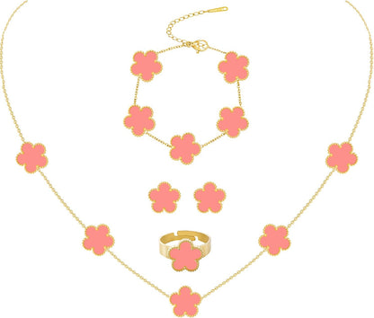 Gold Plated Stainless Steel Four Leaf Clover Bracelet Necklace Earrings and Ring Jewelry Set for Women