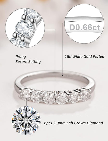 IMOLOE Lab Grown Diamond Wedding Bands for Women，0.66 Carat Ring 6 Stones Eternity Rings for Women in 18K White Gold Plated Sterling Silver Size 4-11