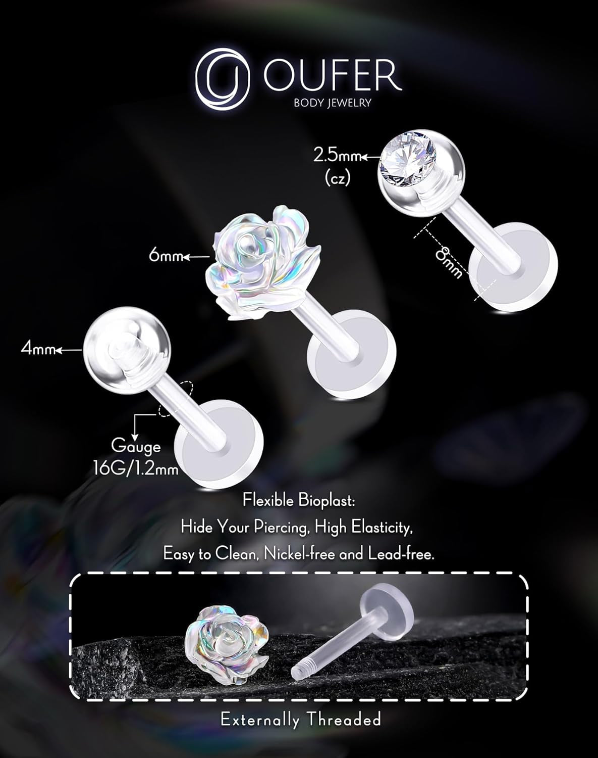 OUFER 3PCS Plastic Helix Piercing Jewelry, Clear Lip Piercing Retainers for Surgery, Cute Flower Lip Rings, 16G Flat Back Cartilage Tragus Lobe Earrings for Women and Men-8Mm