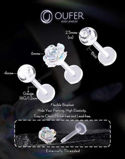 OUFER 3PCS Plastic Helix Piercing Jewelry, Clear Lip Piercing Retainers for Surgery, Cute Flower Lip Rings, 16G Flat Back Cartilage Tragus Lobe Earrings for Women and Men-8Mm