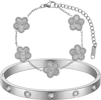 18K Gold Plated Clover Bracelet Love Bangle Set for Women - Stack Friendship Bracelet Lucky Link Bracelets Jewelry Gifts Trendy for Women