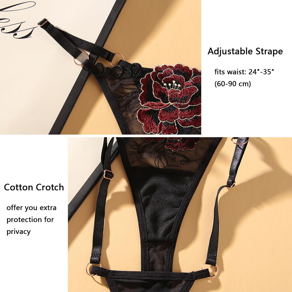 Close-up of floral lace detail on adjustable women's thong