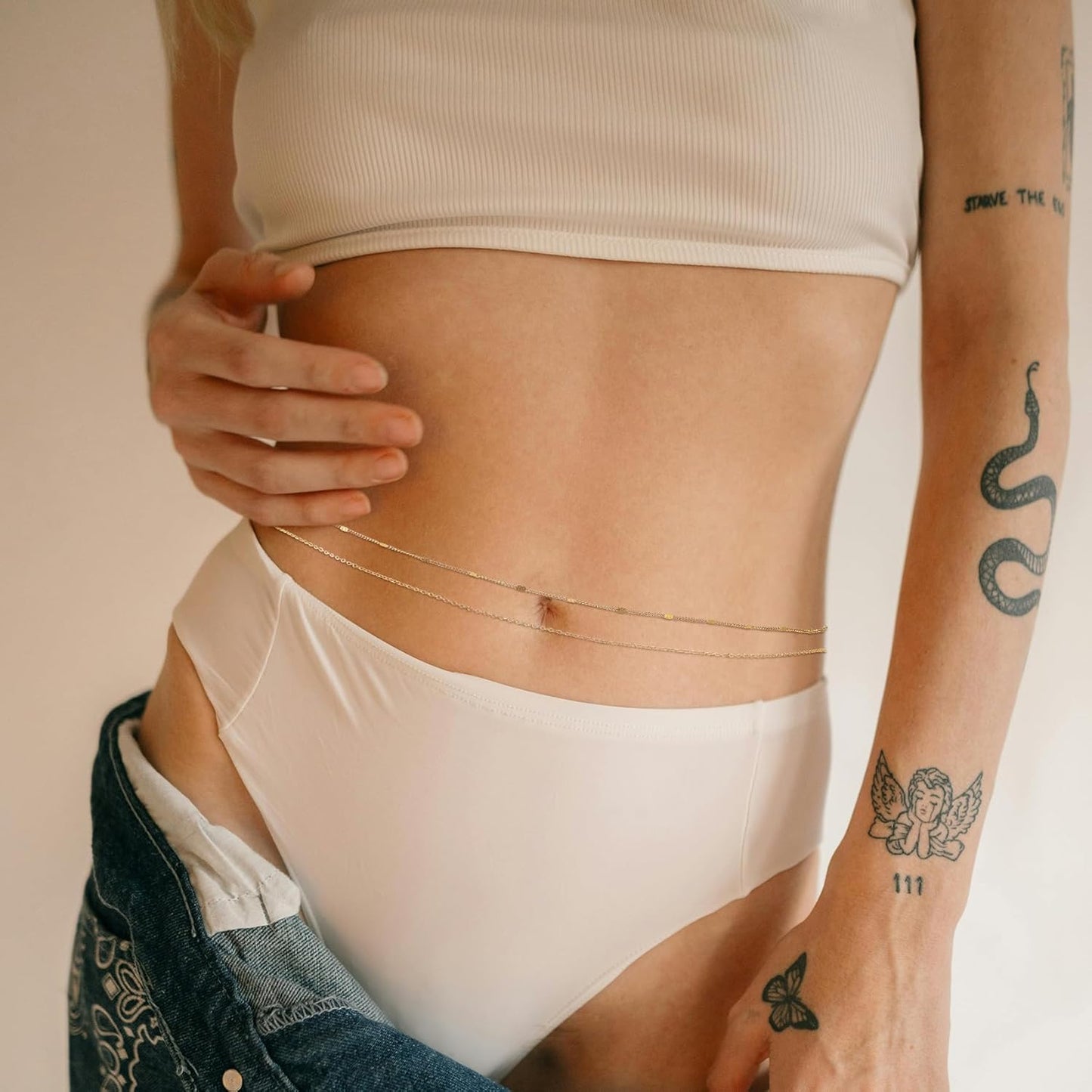 1PCS/2PCS Gold Waist Chain for Women - Adjustable Belly Chain Jewelry Accessories for Sexy Bikini, Waterproof Layered Summer Body Belt Chains for Beach, Party, 26.7"+9.8" Extender