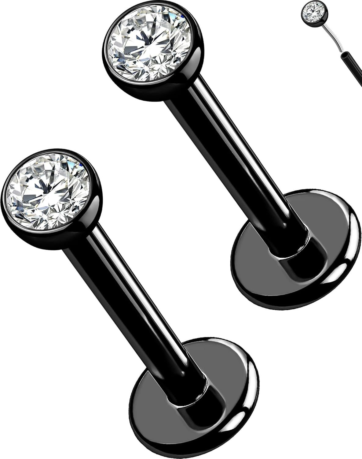 OUFER 2Pcs 20G/18G/16G G23 Titanium Threadless Nose Stud Earrings Flat Back Tiny CZ Small Nose Helix Cartilage Tragus Conch Labret Medusa Monroe Piercing Jewelry for Women Men