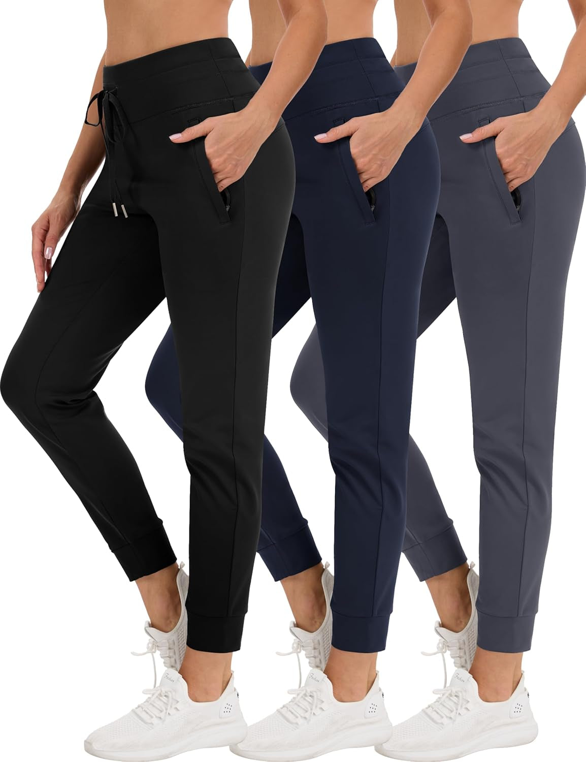 Black high waist fleece lined joggers front view on model