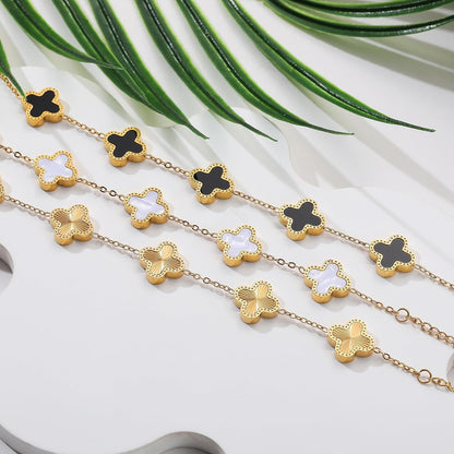 18K Gold Clover Lucky Bracelet – Double-Sided Pearl Flower Charms, Reversible Design, Adjustable Trendy Jewelry Gift for Women