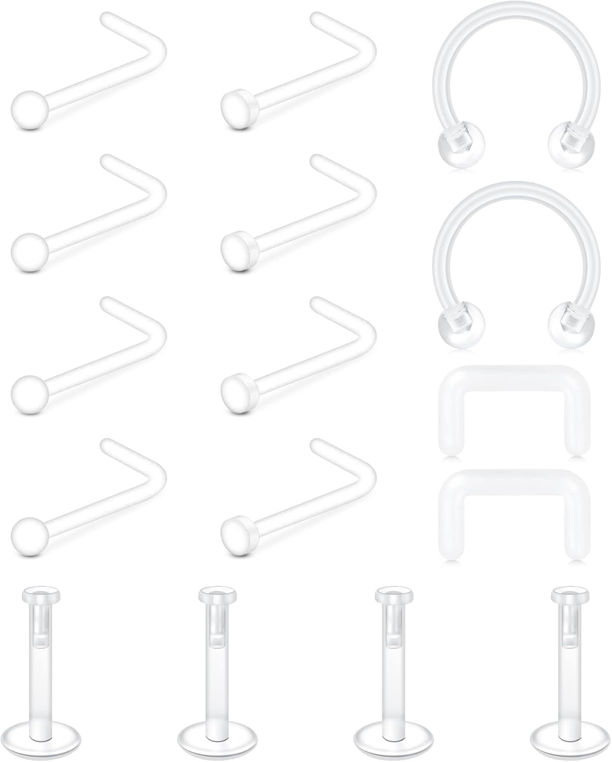 MODRSA Clear Nose Rings & Studs - Plastic Nose Piercing Retainers - 16G, 18G, 20G - Clear Cartilage Earrings & Lip Piercing Retainer