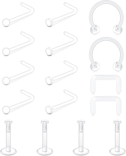 MODRSA Clear Nose Rings & Studs - Plastic Nose Piercing Retainers - 16G, 18G, 20G - Clear Cartilage Earrings & Lip Piercing Retainer
