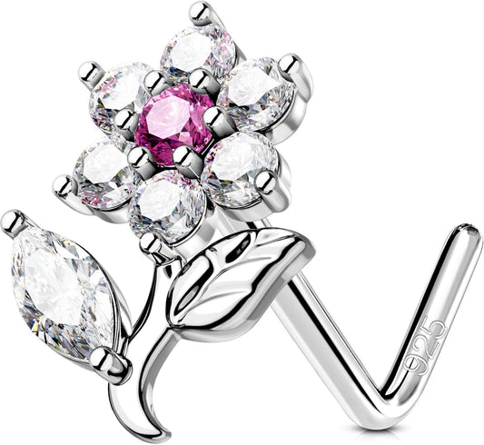 OUFER 925 Sterling Silver Nose Studs, Cute Flower Nose Rings for Women, L-Shaped Pink Clear CZ Nostril Piercing Jewelry-7Mm